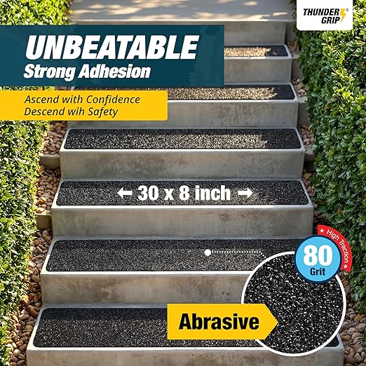 Outdoor Stair Treads Non Slip 30" x 8" - 8-Pack Weather Resistant Exterior Grip Tape for Wooden Steps - Non Slip Stair Treads - Anti Skid Strips - Waterproof 80-Grit Adhesive Tread by Thunder Grip