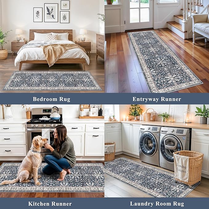 2x6ft Washable Hallway Carpet Runner – Non-Skid Floor Runner Rug for Kitchen Indoor Entryway Bedroom Bathroom Bedside – Boho Vintage Soft Low-Pile Area Rug (Blue,2x6)