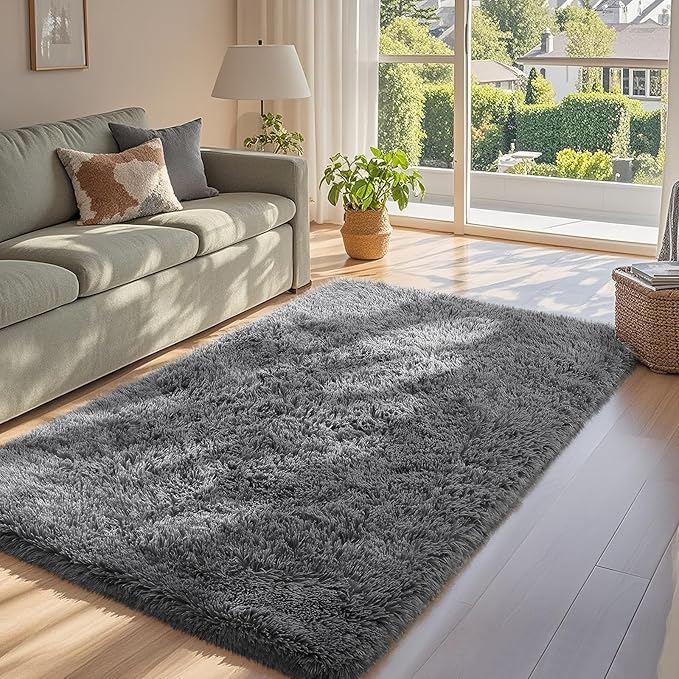 Ophanie Washable 3x5 Area Rug, Bedside Preppy Dorm Rug, College Essentials Non Slip Grey Small Carpets for Bedroom, Anti Slip Fluffy Gray Living Room, Home Decor Aesthetic, Nursery