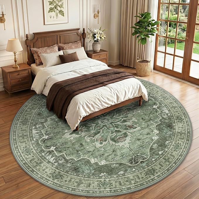 RELEANY Area Rugs Round 10ft Washable Non-Slip, Floral Vintage Distress Medallion Carpet for Living Room Bedroom Dining Room, Dark Green Gray