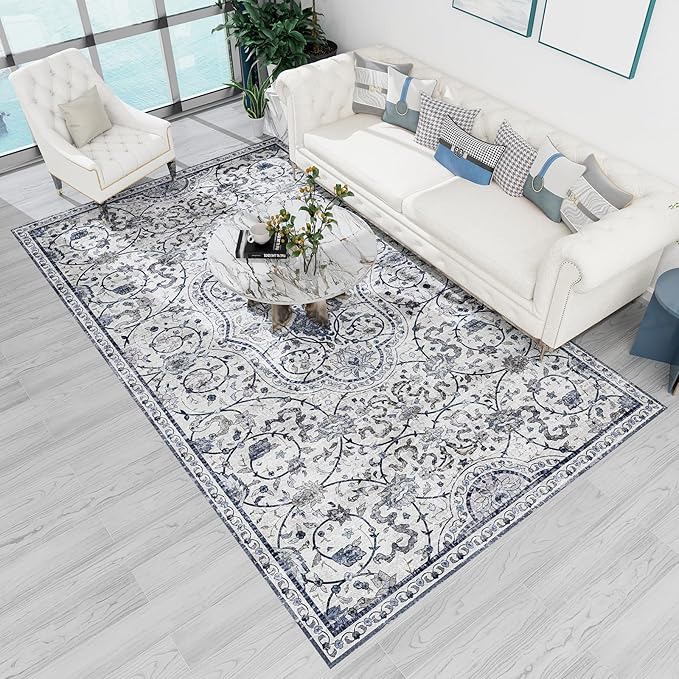SALLOUS Floor Mat for Home, 5' x 7' Waterproof Area Rug for Living Room, Vinyl Area Rug for Bedroom, Slip Resistant Hard Floor Protector Mat for Kitchen, Bathroom, Entryway (Grayish Blue Bohemian)