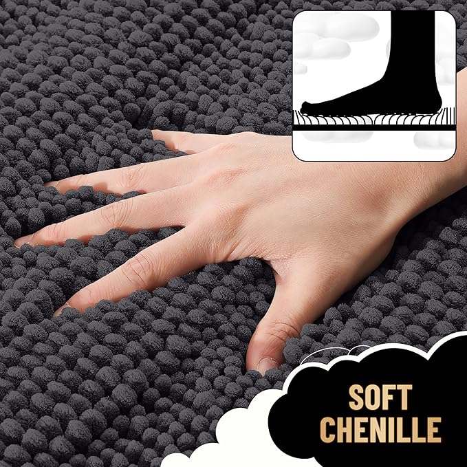 OLANLY Thick Small Bathroom Rugs 24x16, Extra Soft Absorbent Chenille Striped Bath Rugs, Rubber Backing, Machine Wash, Bath Mats for Bathroom Floor, Tub and Shower, Home Decor Accessories, Dark Grey