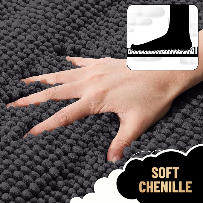 OLANLY Thick Bathroom Runner Rugs 44x24, Extra Absorbent Chenille Striped Bath Rugs, Rubber Backing, Machine Wash Dry, Long Bath Mats for Bathroom, Tub and Shower, Home Decor Accessories, Dark Grey