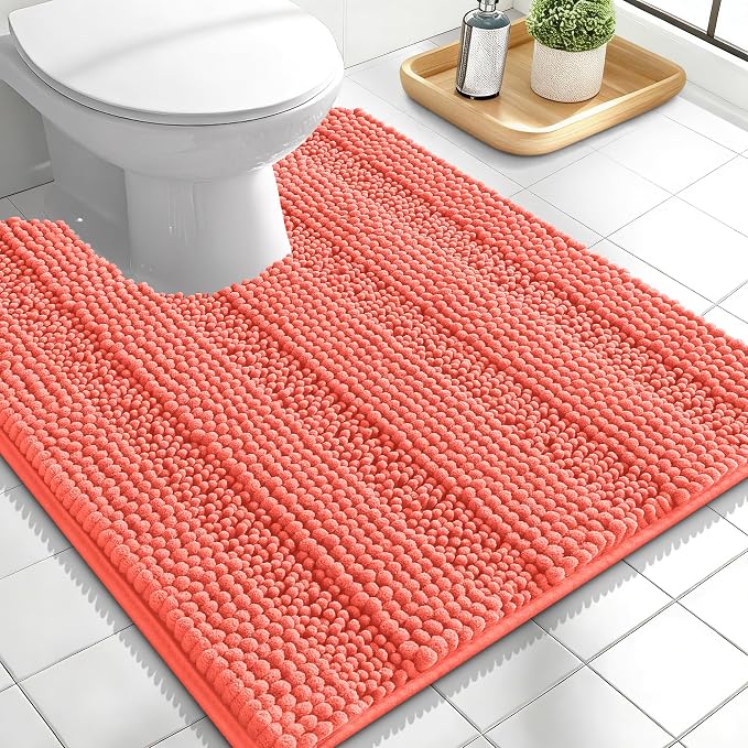 OLANLY Thick Toilet Rugs U-Shaped 24x20, Extra Soft Absorbent Chenille Striped Contour Bathroom Rugs for Toilet, Dry Quickly, Machine Washable, Non-Slip Bath Mat, Coral