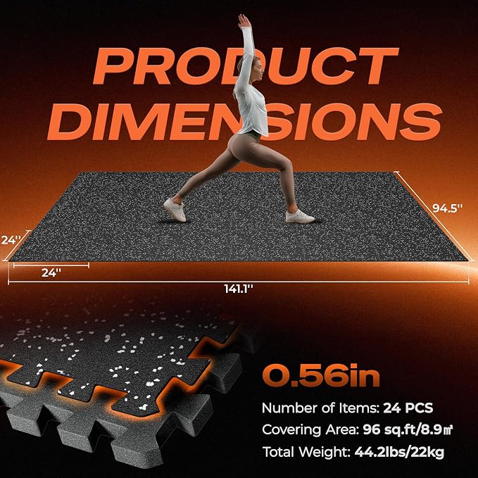 SUPERJARE 0.56'' Thick 24 Pcs 96 Sq Ft Rubber Top Exercise Equipment Mats, High Density EVA Foam Mats with Rubber Top, Interlocking Gym Flooring for Home Gym, Protective Workout Mat, Black/Grey