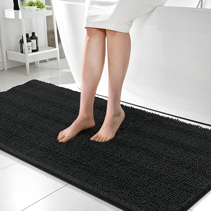 OLANLY Thick Bathroom Runner Rugs 59x24, Absorbent Chenille Striped Bath Rugs, Rubber Backing, Machine Wash Dry, Extra Long Bath Mats for Bathroom Floor, Tub and Shower, Home Decor Accessories, Black