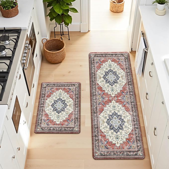 Boho Kitchen Mats for Floor 2 Piece Set Anti Fatigue Cushioned PVC Kitchen Rugs Non Slip Waterproof Farmhouse Mats 2/5 Inch Comfort Standing Mat for Sink, Laundry, 17.3"x47"+17.3"x28", Taupe Red