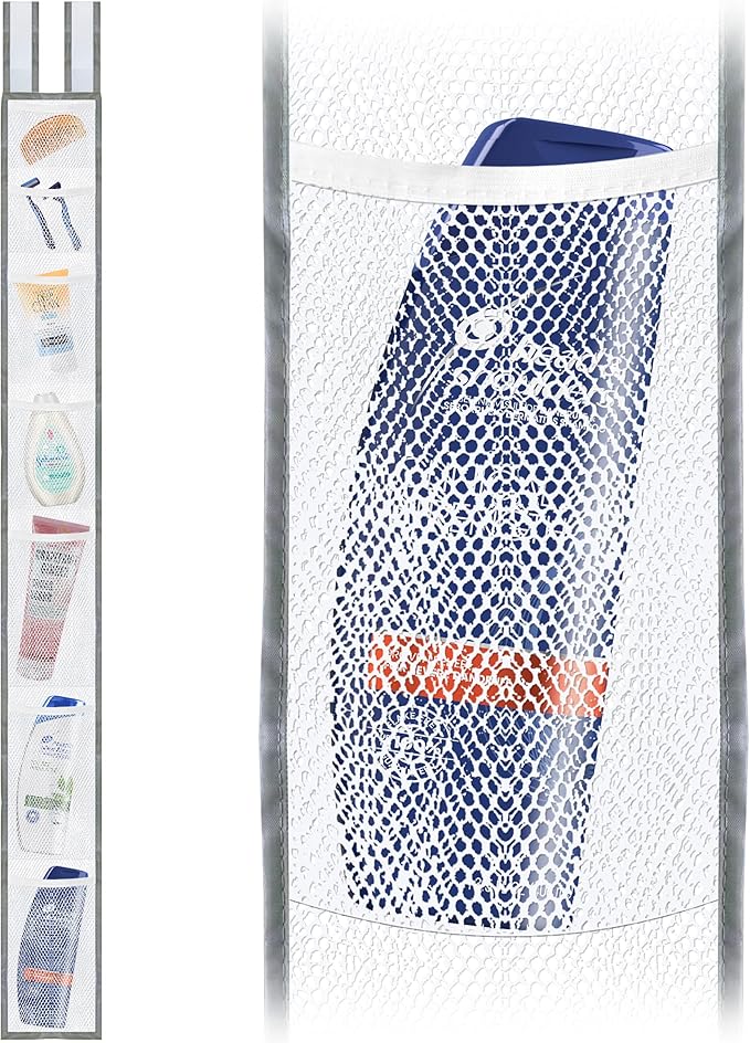 Skywin 7 Pockets Hanging Shower Curtain Liner Caddy 60 x 6 Inches - 100% Polyester Mesh Shower Caddy Hanging - Shower Organizer for Shower Rod or Door - Quick Dry Fabric with Adjustable Velcro Strap