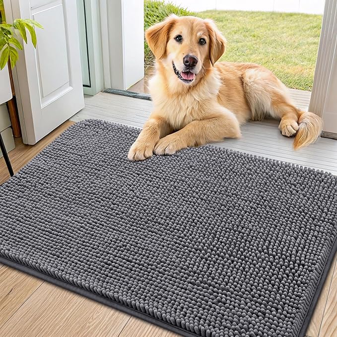 Smiry Dog Door Mat for Muddy Paws 36x24, Absorbent Dirt Trapper, Non-Slip Washable Chenille Entryway Rug for Inside Floor, Dark Grey, Classic Solid