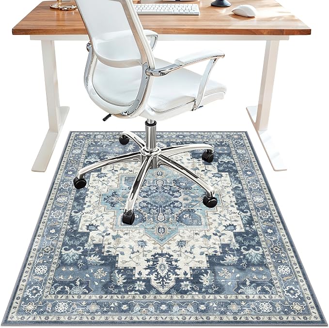 36"x48" Office Chair Mat for Hardwood Tile Floor, Under Desk Carpet Protector for Rolling Computer Chair Mat, Machine Washable Area Rug, Anti-Slip 1/5" Thick Low Pile Thin Vinyl Floor Mat, Navy
