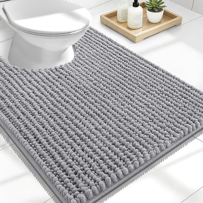 OLANLY Thick Toilet Rugs U-Shaped 24x20, Extra Soft Absorbent Shaggy Chenille Contour Bathroom Rugs for Toilet, Dry Quickly, Machine Washable, Non-Slip Bath Mat, Grey