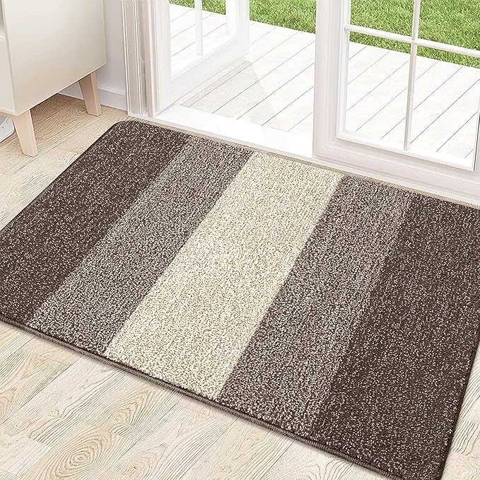 Kitinjoy Indoor Outdoor Door Mat, 32x20 Non-Slip Absorbent Dirt Trapper, Low-Profile Washable Inside Entrance Front Floor Mat, Sturdy Soft Entry Doormats for Entryway, Light Brown