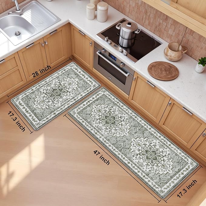 Boho Kitchen Mats for Floor 2 Piece Set Anti Fatigue Cushioned PVC Kitchen Rugs Non Slip Waterproof Farmhouse Mats 2/5 Inch Comfort Standing Mat for Laundry, 17.3"x47"+17.3"x28", Green-Tinted Grey