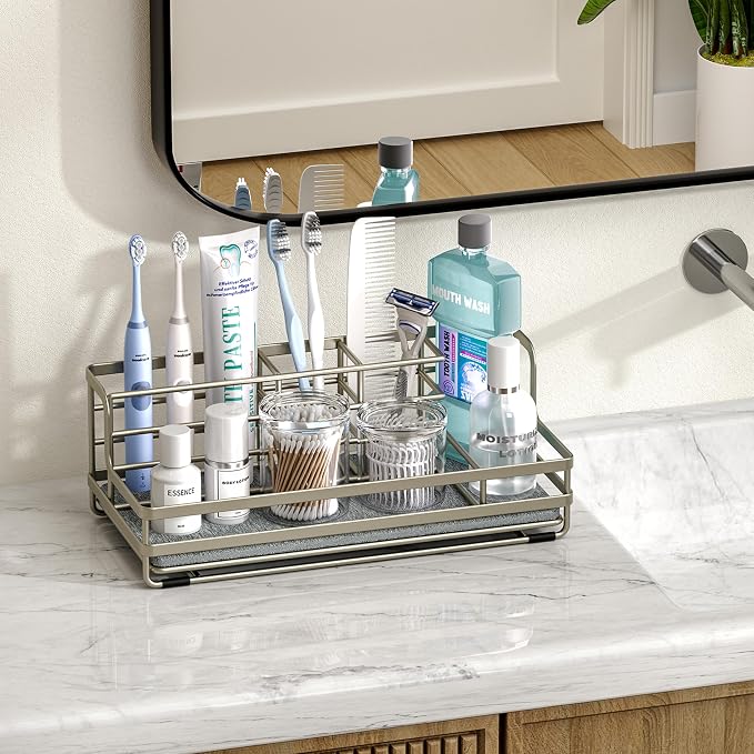 HapiRm Toothbrush Holders for Bathroom - 5 Partitions Bathroom Counter Organizer with Instant Drying Stone, Stainless Steel Countertop Storage Electric Toothbrush Toothpaste Holder - Brushed Nickel