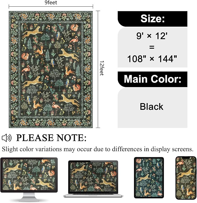 DUKINO 9x12 Rug, Washable Animal Living Room Rug with Non Slip Vintage Design, Soft Low Pile Large Carpet for Bedroom, Nursery, Dining Room, Farmhouse, Playroom, Black