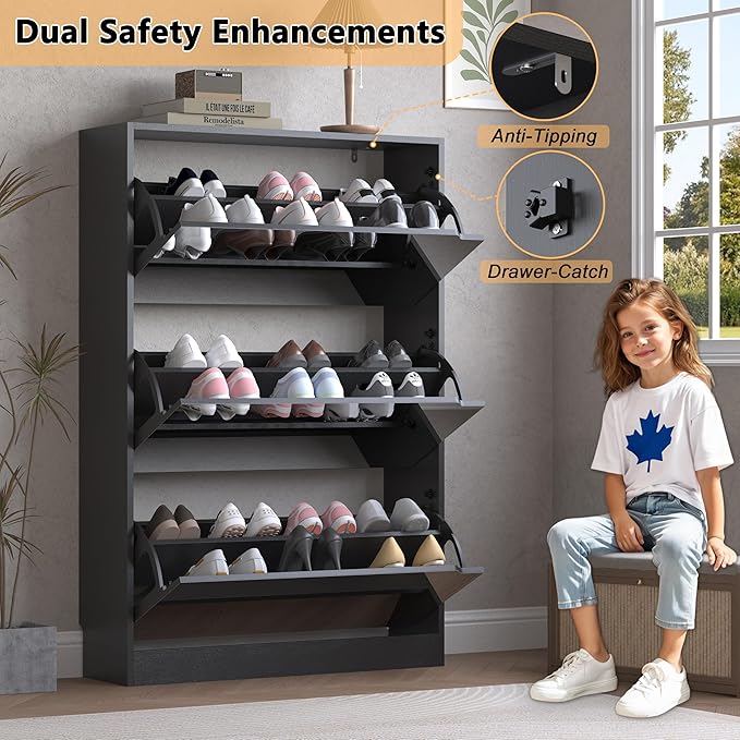 BORNOON Shoe Cabinet with 3-Flip Mirror Drawers, Freestanding Shoe Rack Organizer with Hidden Handle, Slim Narrow Shoe Storage Cabinet for Entryway, Entrance, Hallway, Bedroom