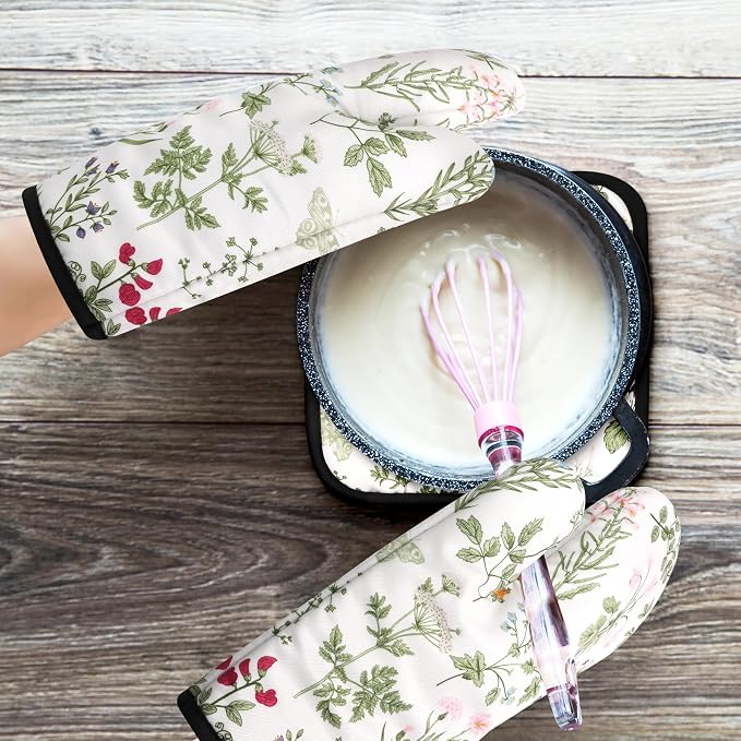 Floral Oven Mitts and Pot Holders Sets Wildflower Oven Gloves Heat Resistant 4 Pcs Pretty Decorative Kitchen Hot Pads and Mitts for Baking Cooking Grilling