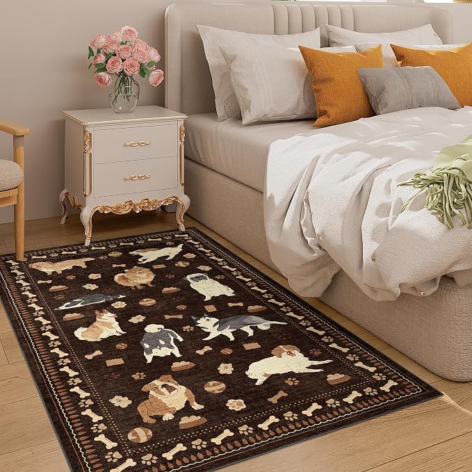 DUKINO 3x5 Area Rug, Lightweight Washable Entryway Rug with Non Slip & Low Pile, Soft Non Shedding Animal Dog Print Pattern Indoor Throw Carpet for Bedroom, Kitchen, Bathroom, Kids Room, Office, Brown