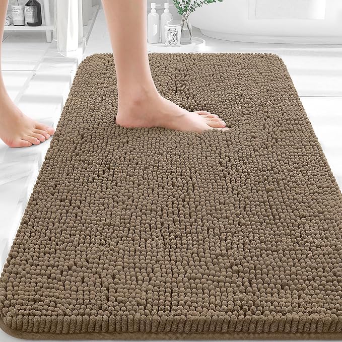 OLANLY Bathroom Rugs 32x20, Extra Soft Absorbent Chenille Bath Rugs, Rubber Backing Quick Dry, Machine Washable Bath Mats for Bathroom Floor, Tub and Shower, Home Decor Accessories, Tan