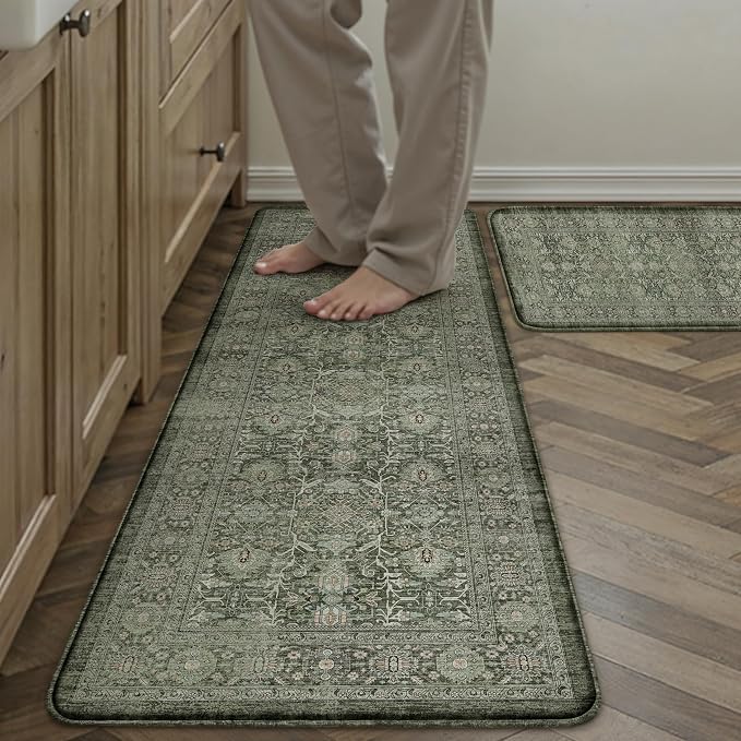 PureCozy Kitchen Mats 2PCS Anti Fatigue Cushioned Mat Green Vintage Kitchen Mats for Floor Waterproof Non Slip Comfort Standing Distressed Rug for Sink Laundry Office 17.3"x47"+17.3"x30"