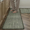 PureCozy Kitchen Mats 2PCS Anti Fatigue Cushioned Mat Green Vintage Kitchen Mats for Floor Waterproof Non Slip Comfort Standing Distressed Rug for Sink Laundry Office 17.3"x47"+17.3"x30"