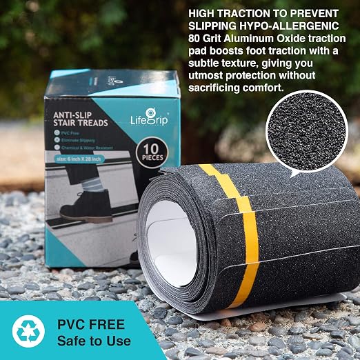 LifeGrip Anti Slip Traction Treads with Reflective Stripe (10-Pack), 6" X 28", Best Grip Tape Grit Non Slip, Outdoor Non Skid Tape, High Traction Friction Abrasive Adhesive for Stairs Step, Black