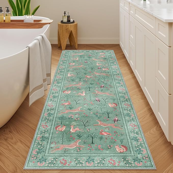 DUKINO 2x6 Rug for Hallway, Washable Kitchen Runner Rug with Non Slip Backing, Soft Low Pile Vintage Animal Runner for Bedroom, Kitchen, Hallway, Entryway, Laundry, Teal