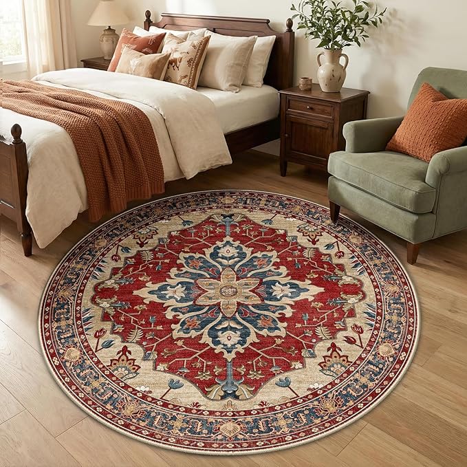 RELEANY Area Rugs Round 5ft Washable Non-Slip, Floral Vintage Distress Medallion Carpet for Living Room Bedroom Dining Room, Red Blue