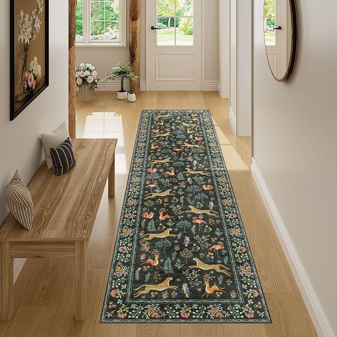 DUKINO Runner Rug, 2x7 Washable Kitchen Rugs for Hallways with Non Slip Backing, Soft Low Pile Vintage Animal Runner for Kitchen, Hallway, Entryway, Laundry, Bedroom, Black