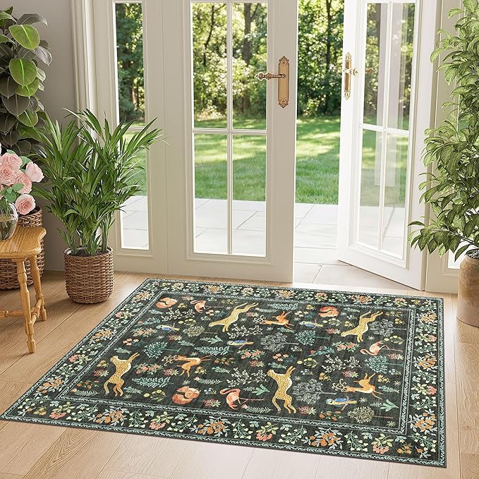 DUKINO 3x4 Washable Entryway Rug, Vintage Animal Ultra Soft Kitchen Area Rug with Non Slip Backing, Low Pile & Stain Resistant Indoor Door Mat for Bathroom, Bedroom, Laundry Room, Office, Black