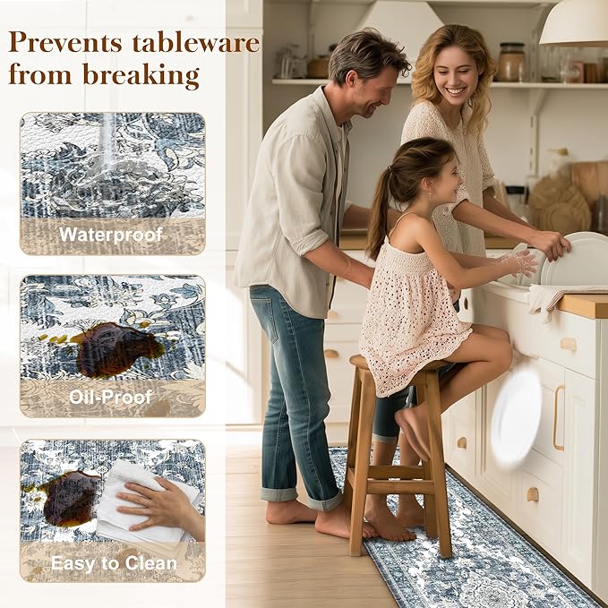 Boho Kitchen Mats for Floor 2 Piece Set Anti Fatigue Cushioned PVC Kitchen Rugs Non Slip Waterproof Farmhouse Mats 2/5 Inch Comfort Standing Mat for Sink, Laundry, 17.3"x59"+17.3"x28", Dark Blue