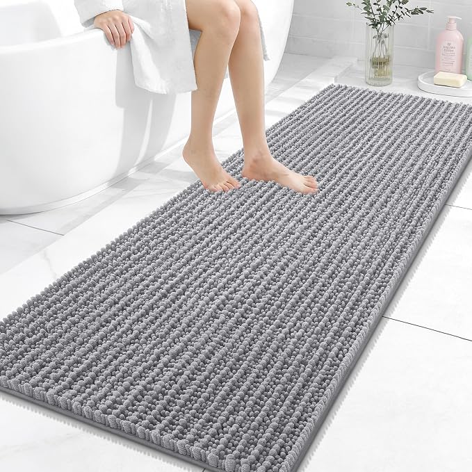 OLANLY Long Bathroom Rugs Runner 59x24, Thick Soft and Absorbent Chenille Bath Mat, Non-Slip, Machine Washable Quick Dry Bath Rugs for Tub Shower Floor, Home Decor Accessories, Grey