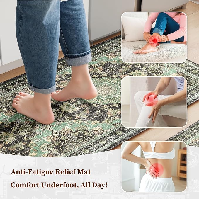 Boho Kitchen Mats for Floor 2 Piece Set Anti Fatigue Cushioned PVC Kitchen Rugs Non Slip Waterproof Farmhouse Mats 2/5 Inch Comfort Standing Mat for Sink, Laundry, 17.3"x59"+17.3"x28", Black Green