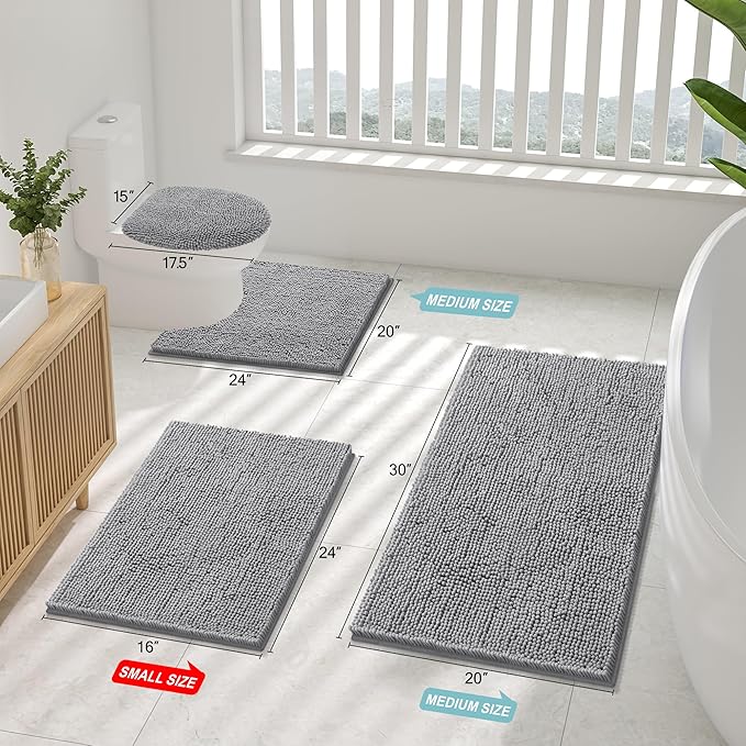 Smiry Luxury Chenille Bathroom Rugs 30x20, Extra Soft and Absorbent Shaggy Bath Mat, Machine Washable, Non-Slip Plush Carpet Runner for Tub, Shower, and Floor, Home Decor Accessories, Grey