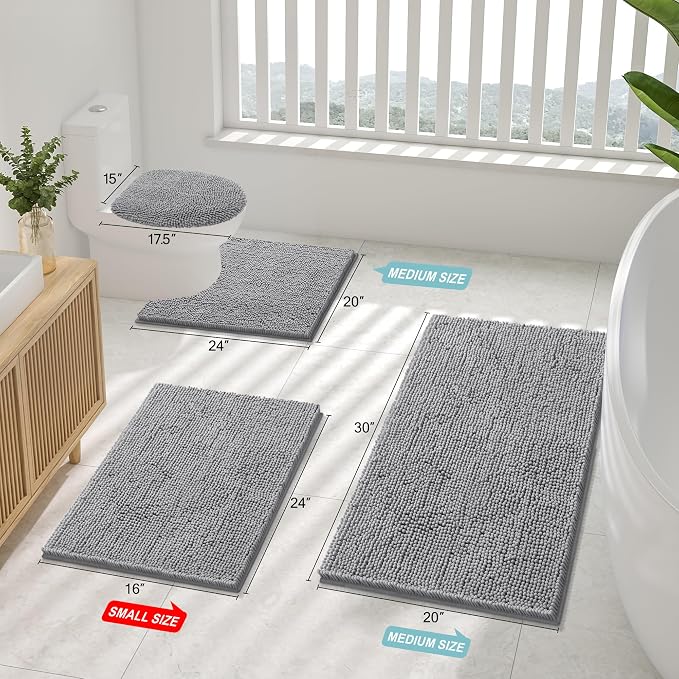 Smiry Luxury Chenille Bathroom Rugs 48x32, Extra Soft and Absorbent Shaggy Bath Mat, Machine Washable, Non-Slip Plush Carpet Runner for Tub, Shower, and Floor, Home Decor Accessories, Grey