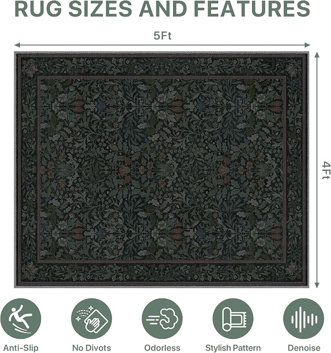 48"x60" Office Chair Mat for Hardwood Tile Floor, Under Desk Carpet Protector for Rolling Computer Chair Mat, Machine Washable Area Rug, Anti-Slip 1/5" Thick Low Pile Thin Vinyl Floor Mat, Dark Green