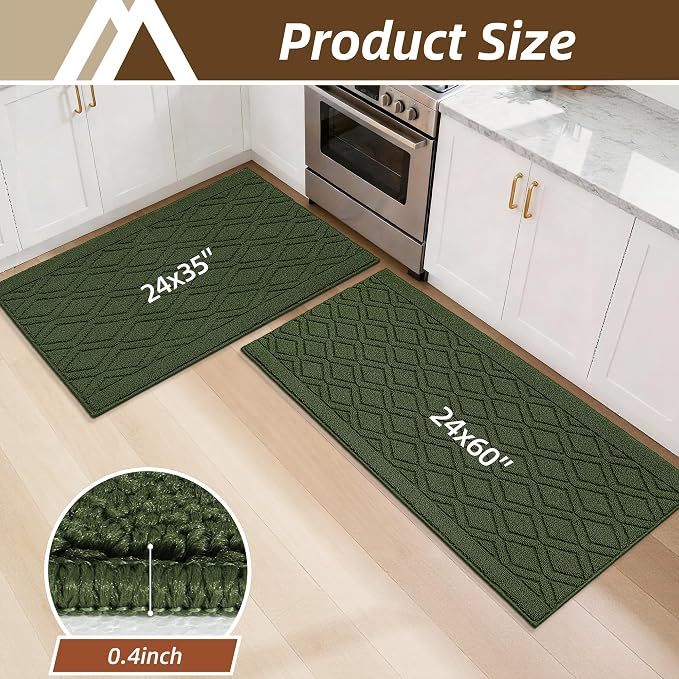 COSY HOMEER 60x24Inch/35X24Inch Kitchen Rugs Sets Non-Slip Washable Kitchen Mats for Floor Polypropylene Absorbent Kitchen Runner for Kitchen Sink Hallway Entryway(Green)