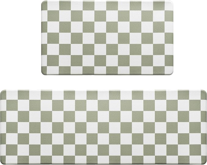 Sage Green Checkered Grid Checkerboard Kitchen Rug Sets [2 PCs], Anti-Fatigue, Waterproof Non-Slip Kitchen Mats Heavy Duty Comfort Foam Rug for Kitchen, Floor, Home,Laundry,17"x29"+17"x47"