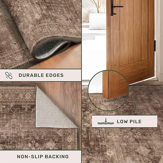 Hazo Haus Brown Washable 3x20 Extra Long Hallway Runner Rug, Neutral Boho Large Kitchen Floor Rug Indoor, Non-Slip Stain & Fade Resistant, Vintage Dark Earthy Taupe Floral Décor (3x20 Brown)