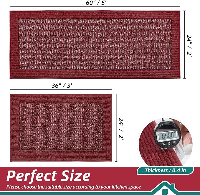BEQHAUSE Kitchen Rugs and Mats Set of 2 Non-Slip Kitchen Mats for Floor, Absorbent and Stain Resistant Kitchen Runner, Machine Washable Rugs for Kitchen, Laundry & Sink, 24"x36"+24"x60", Red