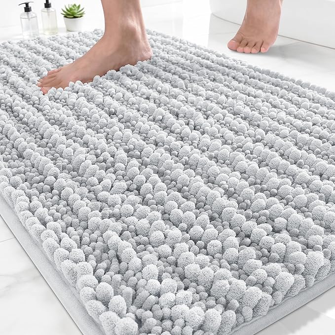 Yimobra Bathroom Rugs Non Slip Washable - Ultra Soft Absorbent Chenille Bath Mat, Quick Dry Shaggy Floor Carpet for Tub Shower, Silver Home Decor Accessories, 24x17 Inch