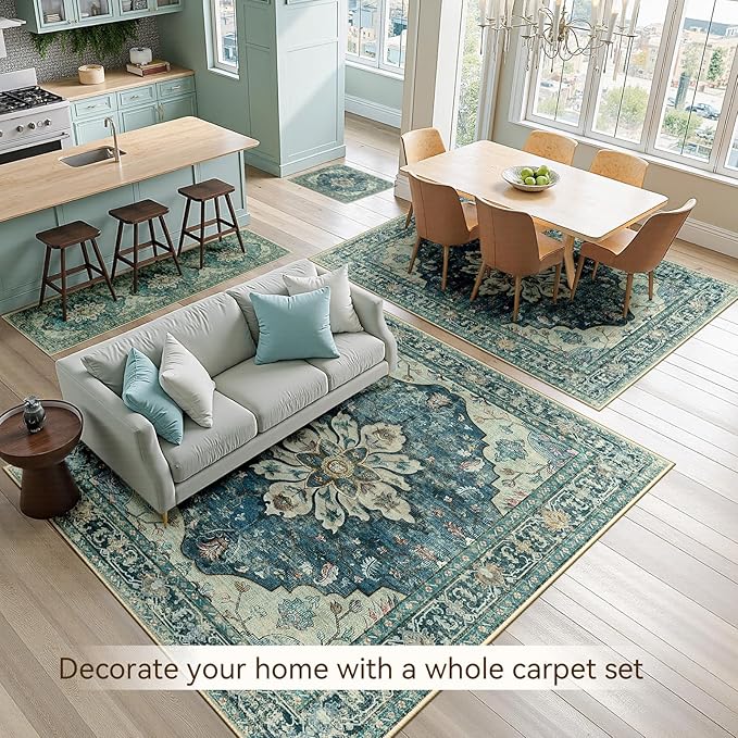 RELEANY Area Rugs Runner 2'x8' Washable Non-Slip, Floral Vintage Distress Medallion Carpet for Kitchen Hallway Bedroom Beside Laundry Room Bathroom, Dark Blue Vintage