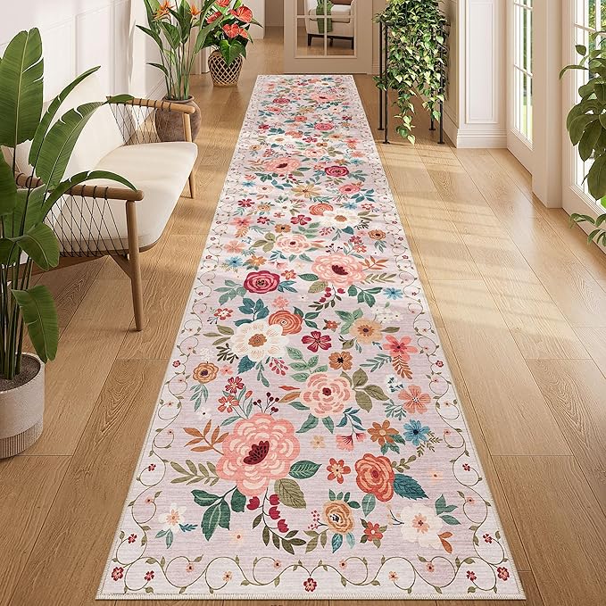 DUKINO 2.6x12 Kitchen Runner Rug, Lightweight Floral Washable Rug for Hallway, Boho Low Pile & Non Slip Backing Soft Floor Carpet for Entryway, Bedroom, Bathroom, Laundry, Beige