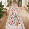 DUKINO 2.6x12 Kitchen Runner Rug, Lightweight Floral Washable Rug for Hallway, Boho Low Pile & Non Slip Backing Soft Floor Carpet for Entryway, Bedroom, Bathroom, Laundry, Beige