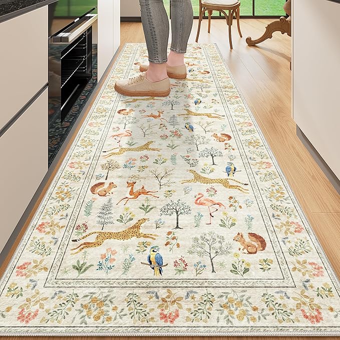 DUKINO 2x10 Rug for Hallway, Washable Kitchen Runner Rug with Non Slip Backing, Soft Low Pile Vintage Animal Runner for Bedroom, Kitchen, Hallway, Entryway, Laundry, White