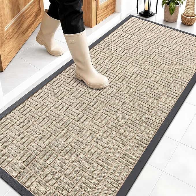 OLANLY Front Door Mat Outside Entrance 59x23, Absorbent, Heavy Duty Sturdy Natural Rubber Doormat Indoor Outdoor, Non-Slip, Stain and Fade Resistant, Low Profile Floor Mat for Entryway, Latte White