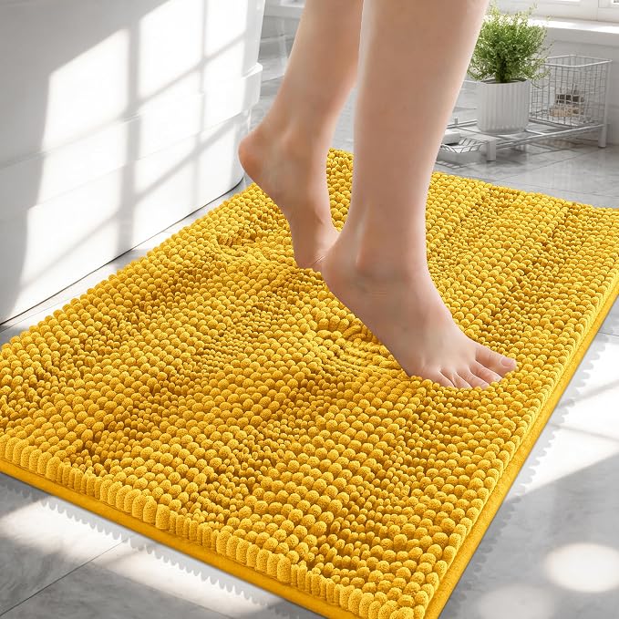 OLANLY Thick Small Bathroom Rugs 24x16, Extra Absorbent Chenille Striped Bath Rugs, Rubber Backing, Machine Wash, Bath Mats for Bathroom Floor, Tub and Shower, Home Decor Accessories, Golden Yellow