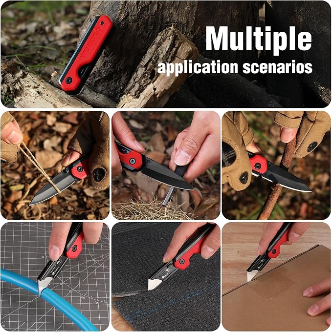 WORKPRO 2-in-1 Folding Knife/Utility Knife, Quick-Change Box Cutter with Belt Clip, Liner Lock, and G10 Handle, Extra 10 SK5 Blades Included, Red