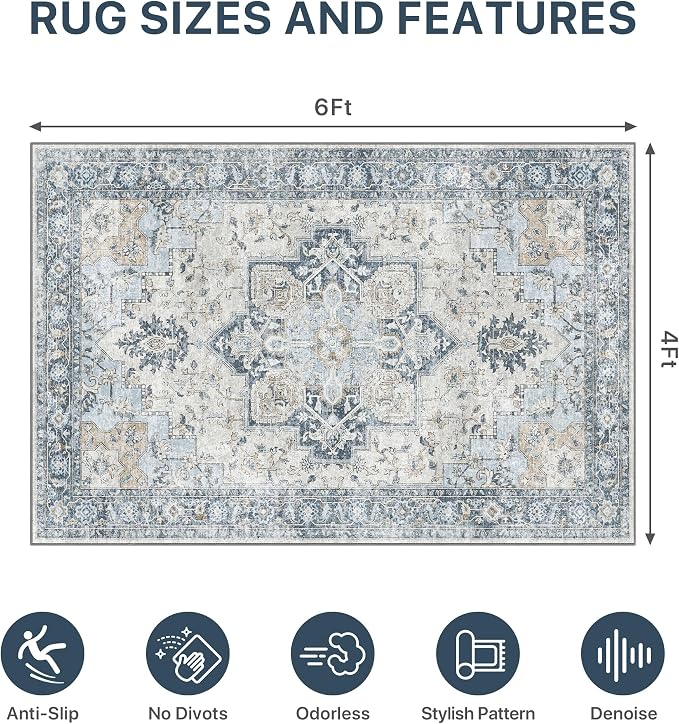 48"x72" Office Chair Mat for Hardwood Tile Floor, Under Desk Carpet Protector for Rolling Computer Chair Mat, Machine Washable Area Rug, Anti-Slip 1/5" Thick Low Pile Thin Vinyl Floor Mat, Blue