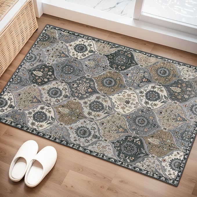 Lahome Moroccan Trellis Area Rug, 2x3 Entryway Rug Non-Slip Washable Indoor Door Mat, Small Oriental Accent Throw Carpet for Bedroom Kitchen Entry Bathroom Elise, Grey